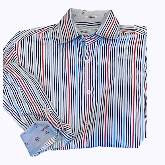 Bugatchi Red White Blue Striped Flip Cuff Button Down Shirt XL Office Party - Picture 1 of 11